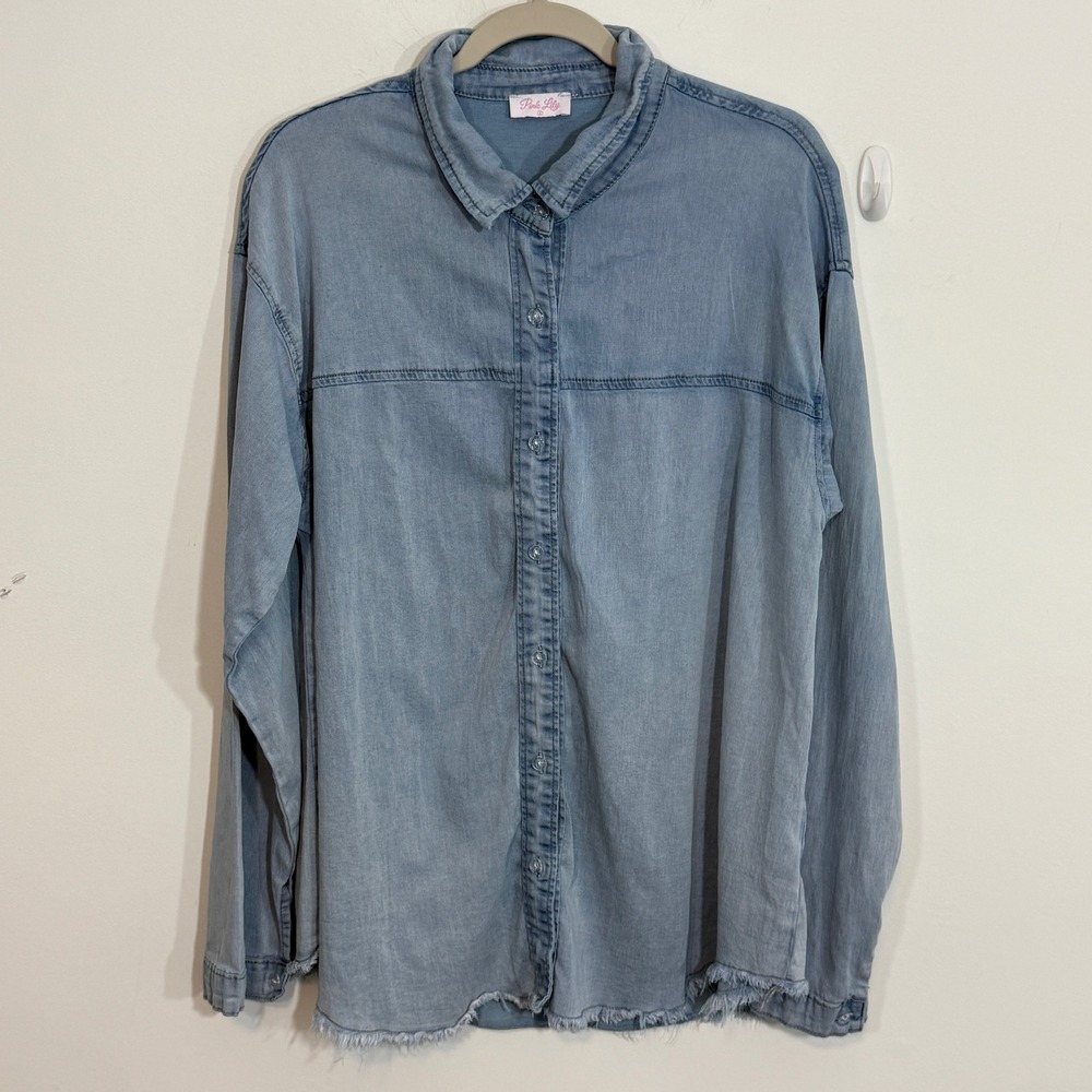 Pink Lily Womens Shirt L Blue Tencel Blend Frayed Hem Casual Boho Western